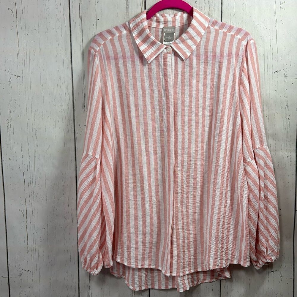 Chico’s Pink White Stripe Balloon Sleeve Button Up Blouse Size L Coastal Resort